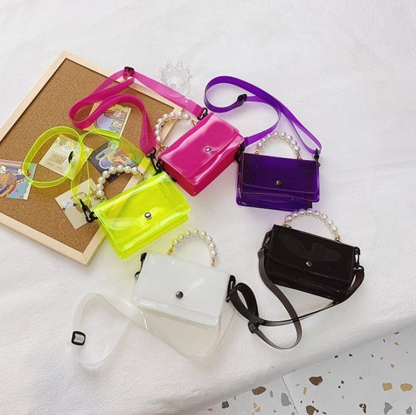 

children jelly change purse 2021 fashion kids transparent one shoulder bags boy girls pearl small square messenger bag wallet f181, White