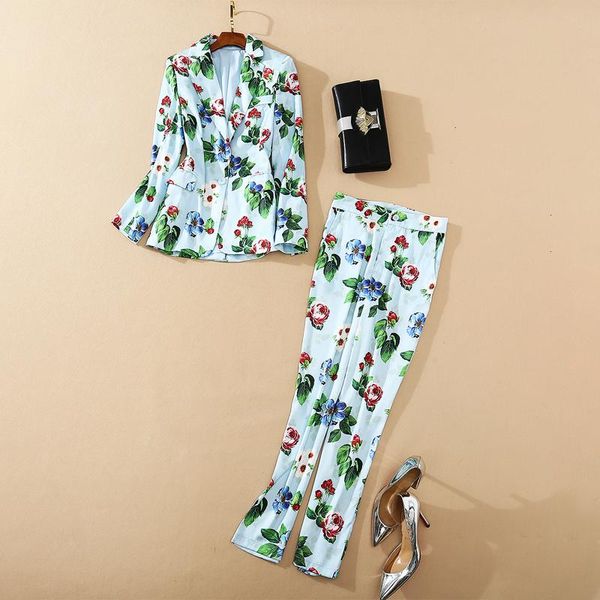 

fashion 2021 designer runway suit set women's tailored collar long sleeve floral printed blazer pants two piece, White