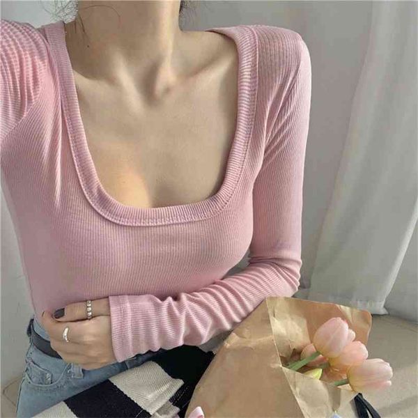 

pink square collar bottoming sweater t shirt women's autumn slim fit tight long-sleeved pullover with new style shirt 210330, White
