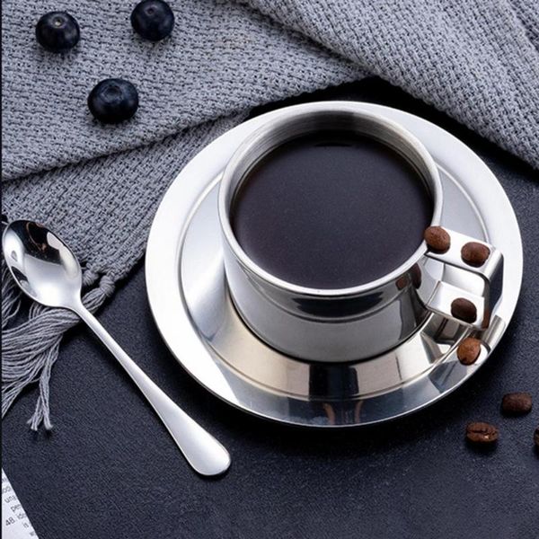 

cups & saucers stainless steel double layer design insulated mug with dish spoon coffee cup set