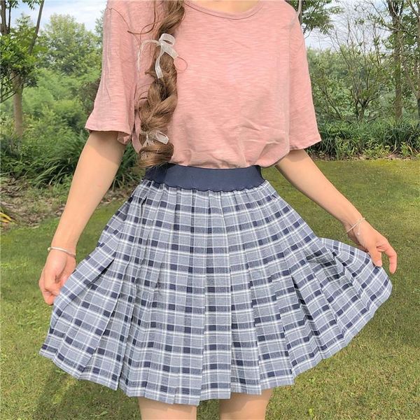 

skirts korean summer plaid skirt women high waist loose a-line all match fashion casual sweet female drop, Black