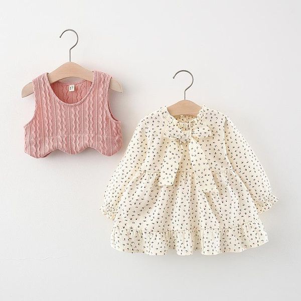 

clothing sets baby girl autumn fall clothes born bow flowers long sleeve dress and solid knitted vests outfits toddler casual, White