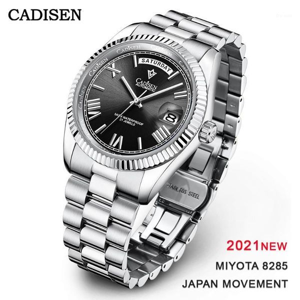 

watch men automatic mechanical watches waterproof sapphire date week clock male full steel wristwatch wristwatches, Slivery;brown