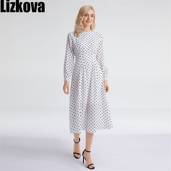 

lizkova white dot print chiffon dress women long sleeve elastic waist robe spring female o-neck lantern sleeve vestio ni001 210409, Black;gray