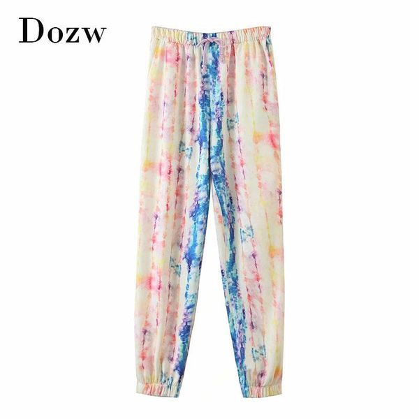 

streetwear tie dye pants women drawstring full length joggers trousers high waist loose sports sweatpants lady pantalon women's & capri, Black;white