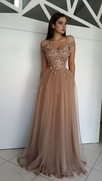 

2021 elegant off the shoulder dress flowers pearl tulle floor length brown formal evening party dresses zipper up, Black;red