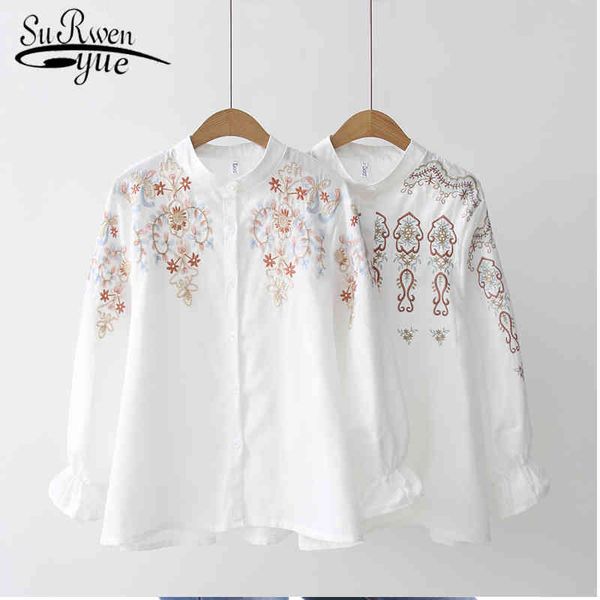 

women cotton spring autumn full sleeve white shirts floral embroidery ladies casual blouses 4183 50 210521