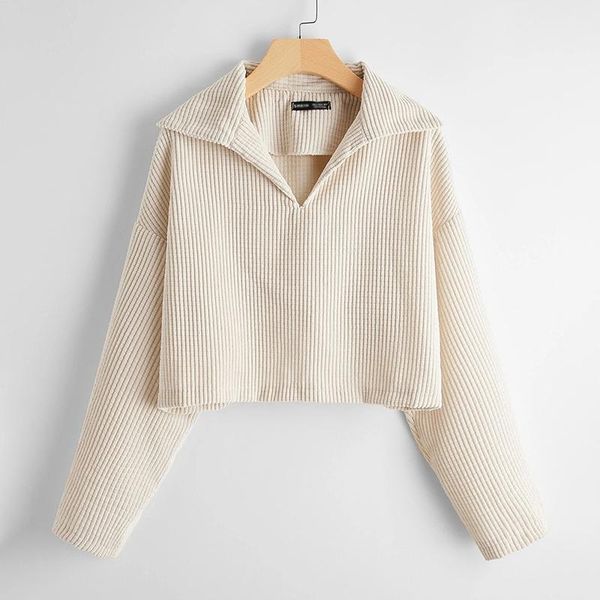 

women's polos crop female shirts spring autumn long sleeve t-shirt vintage clothes ribbed solid slim knit cropped tees, White