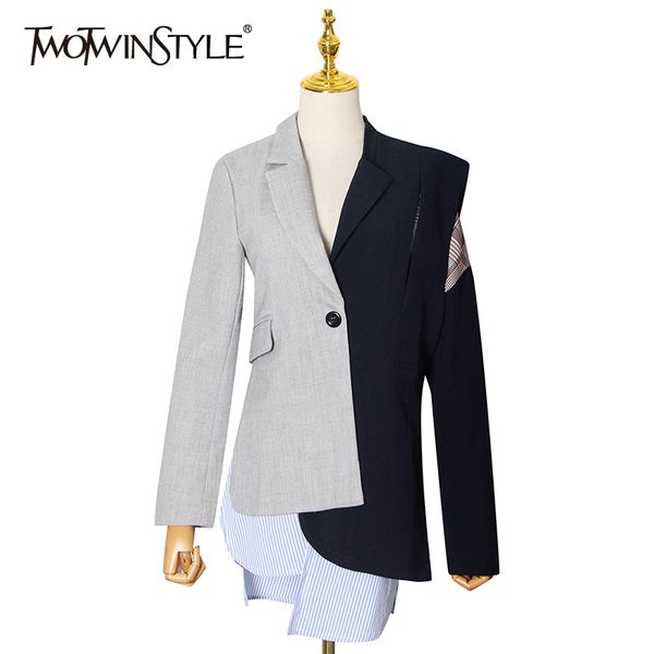 

twotwinstyle irregular patchwork striped plaid blazer for women notched long sleeve casual blazers female fashion autumn 210517, White;black