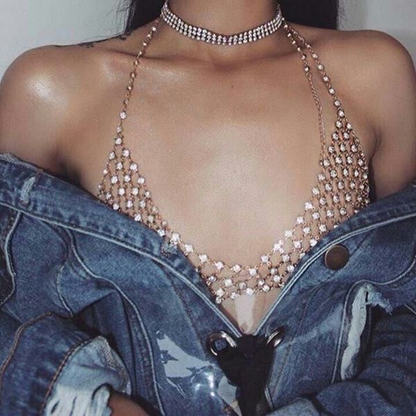 

trendy super glittering shiny beautiful full rhinestones diamon fashion bra mesh chains body jewelry, Silver