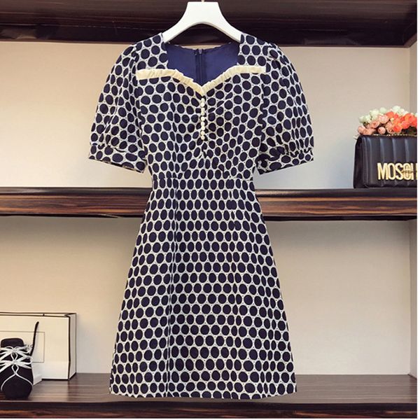

temperament square collar sweet puff sleeve high waist mini dress for women embroidered polka dot crochet ruffles female 210525, Black;gray