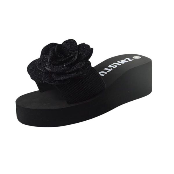 

shoes woman slippers indoor zapatos de mujer fashion flip- flop women slip-on open toe flower wedges color slipper, Black