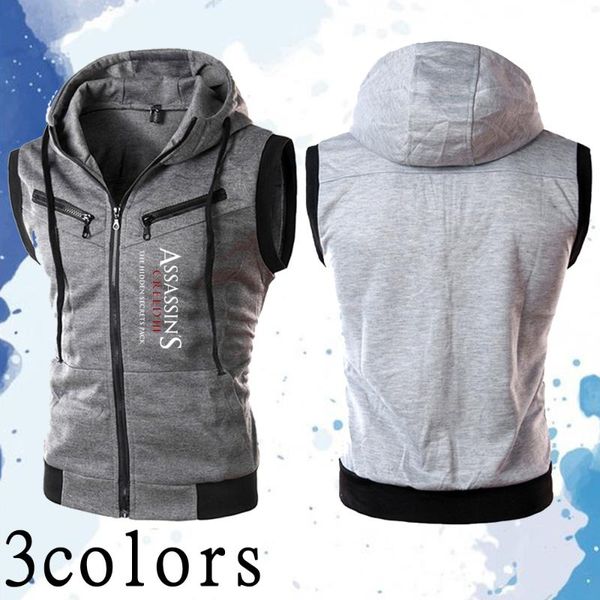 

men's vests men sleeveless hooded vest zipper jacket 2021 summer assassin's game printed waistcoat spring outdoor sports male coat, Black;white