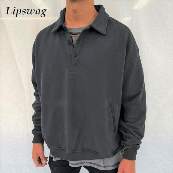 

men's hoodies & sweatshirts 2021 autumn casual solid color men fashion mens button turn-down retro pullover spring loose long sleeve, Black