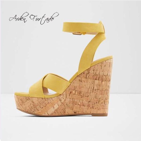 

dress shoes arden furtado 2021 summer fashion women's yellow and brown personality buckle strap wedges sandals large size 45, Black