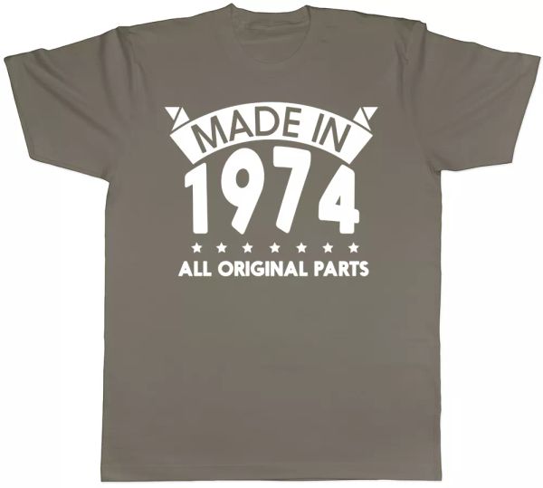 

made in 1974 all original parts birthday mens short sleeve t-shirt, White;black