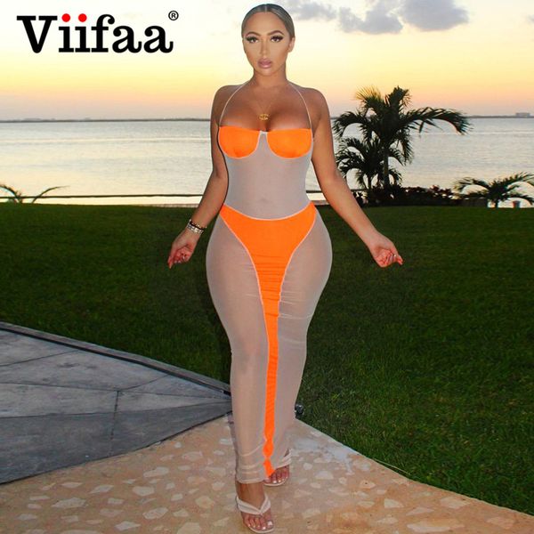 

viifaa color block party club outfits for women elastic mesh see through halter maxi dress female bodycon summer dressesplus size cloth, Black;gray