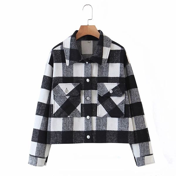 

vintage stylish pockets oversized plaid jacket coat women fashion lapel collar long sleeve loose outerwear chic 210520, Black;brown