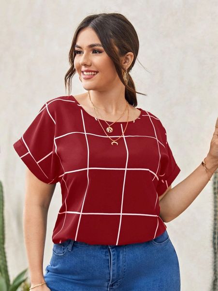 

plus plaid round neck blouse 08ps#, Black