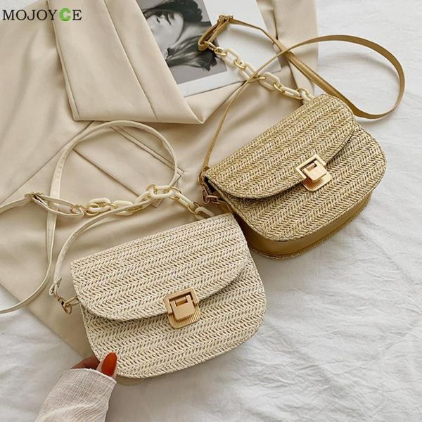 

fashion women straw woven shoulder pouch fermale seaside crossbody messenger bag summer beach chain saddle bags small purse cross body
