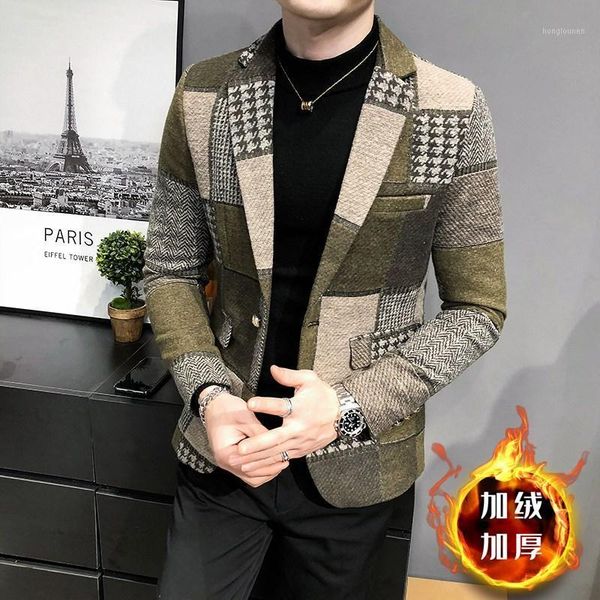 

men's suits & blazers 2021 men winter fleece suit jacket high-quality self-cultivation warmth fashion casual maj clothing plaid blazer, White;black