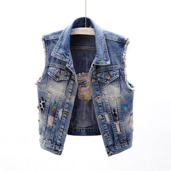

women's vests fashion printed ripped hole denim vest women summer short waistcoat vintage blue tassel single breasted sleeveless jacket, Black;white