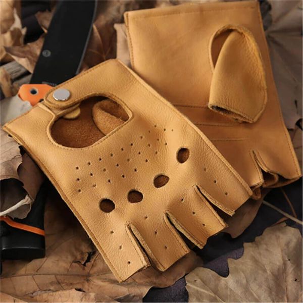

cycling gloves cowhide half finger male locomotive motorcycle real leather fitness semi-finger man's, Black