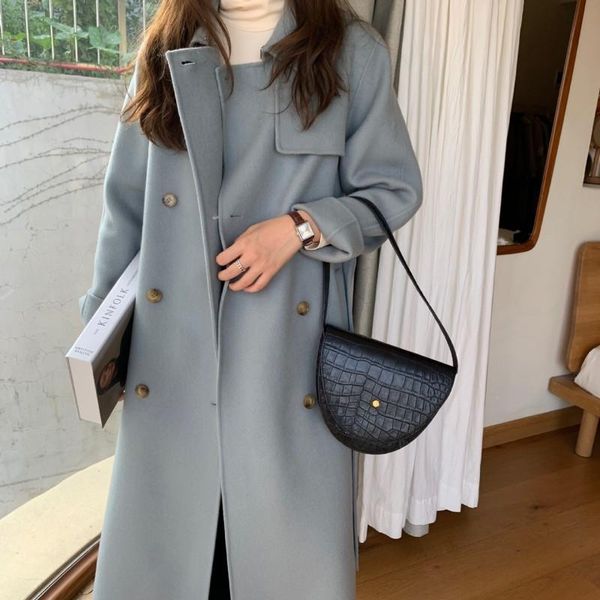 

women's wool & blends autumn winter woolen long coat with belt full sleeve loose korean clothes women casual minimalist manteau femme, Black