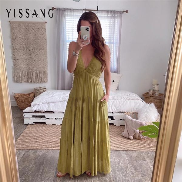 

yissang deep v neck cascading ruffle backless sumemr dress women long dresses lady spaghetti strap elegant vestido casual, Black;gray