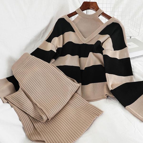 

knits women's autumn and winter suit, fake sweater, two-piece collar sling, + high waist pants, wide leg, 2021, White