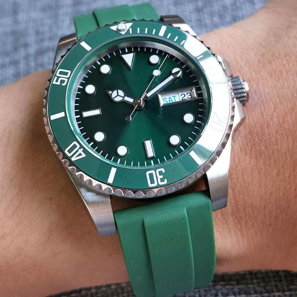 

wristwatches bliger 40mm 24jewels nh36a automatic men watch sapphire glass date week green dial rotating bezel rubber band luminous sub, Slivery;brown