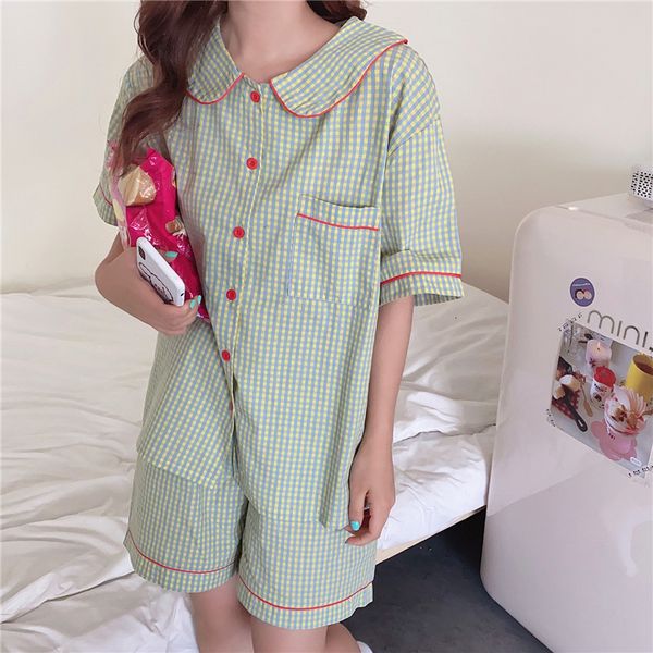 

sleepwear cute korean geometric sweet homewear summer chic plaid women girls sleepwear all match loose pajamas sets q86q, Black;red