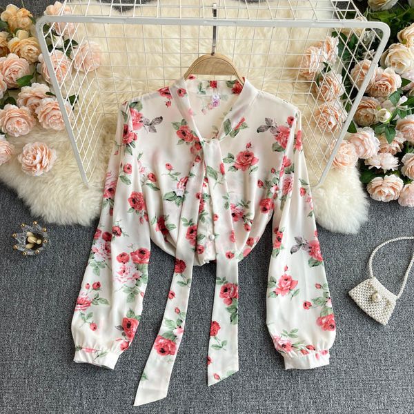 

dresses french sweet print blouse women bow collar single breasted casual sping bohemian streetwear chiffon blouses, Black;gray