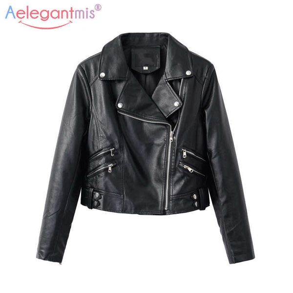 Aelegantmis Classic Curto Pu Faux Jaqueta De Couro Mulheres Cool Zippers Slim Motociclista MotorCyle Senhoras Outono Inverno Casacos Preto 210607