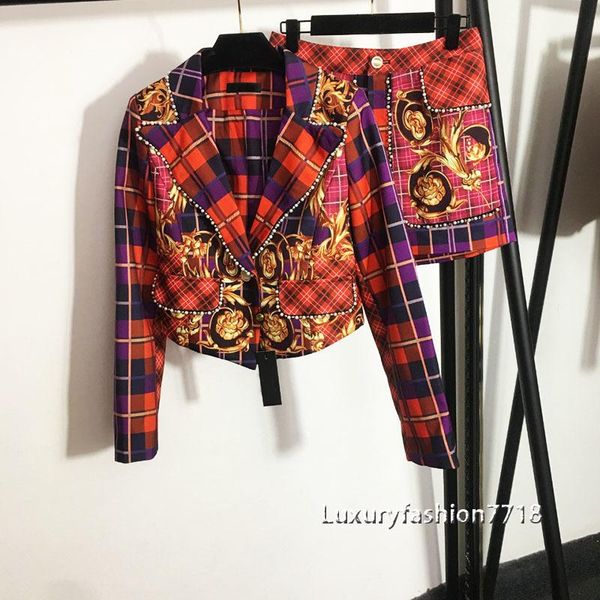 

women's tracksuits high end women style fashion 2 piece set plaid pearl lapel long sleeve suit coats jacket + waist shorts outfits sets, Gray