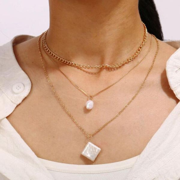 

vintage baroque imitation pearls beads pendant necklace three-layered chain for women gothic geometric jewelry gift necklaces, Silver