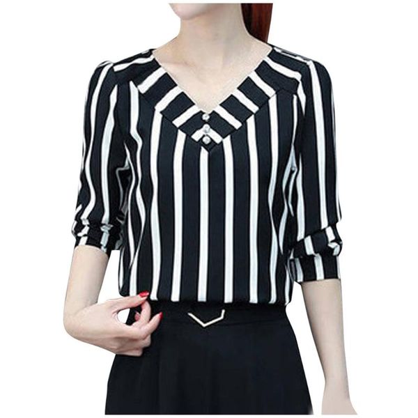 

women's t-shirt women blouse three quarter sleeve leisure stripe office lady shirts elegant v-neck button #w, White