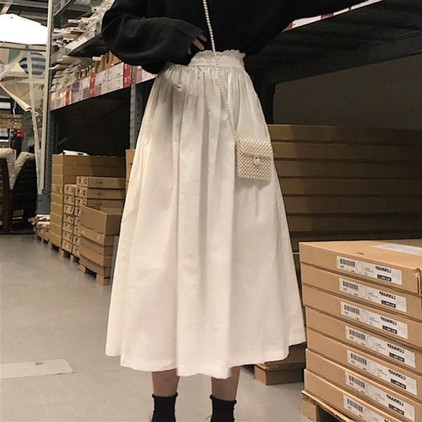 

skirts 2021 arrival summer korean style women loose casual elastic waist a-line skirt all-matched mid-calf cotton linen b405, Black