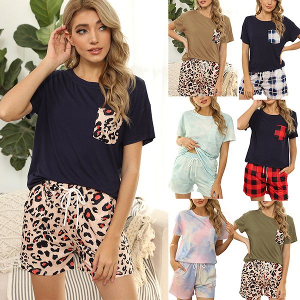 

women's sleepwear 2021 spring and summer tie dyed pajamas short sleeve plaid leopard pattern two piece suit, Black;red