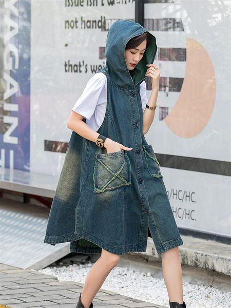 

women's vests cowboy hooded waistcoat spring 2021 trendy overisize loose mid-length retro harajuku sleeveless denim vest jacket zh1238, Black;white