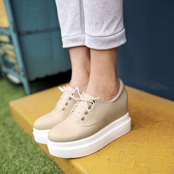 

big size 32-42 height increasing brogue shoes woman vintage preppy chic lace up high heels platform girls dress, Black