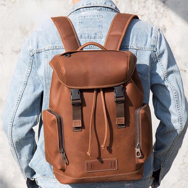 

backpack genuine leather men 14 inch laptravel school male fashion
