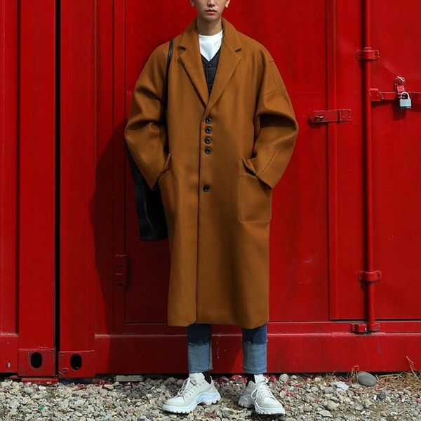 

men's thickened autumn winter woolen korean style fashion medium long loose coat handsome ins cool knee windbreaker, Black