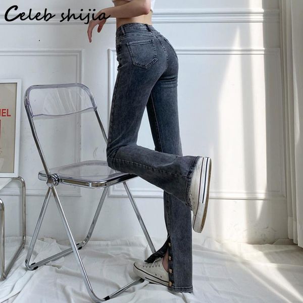

women's jeans gray split woman high waisted single breasted flare pants denim bottom y2k floor long mom korean fashion, Blue