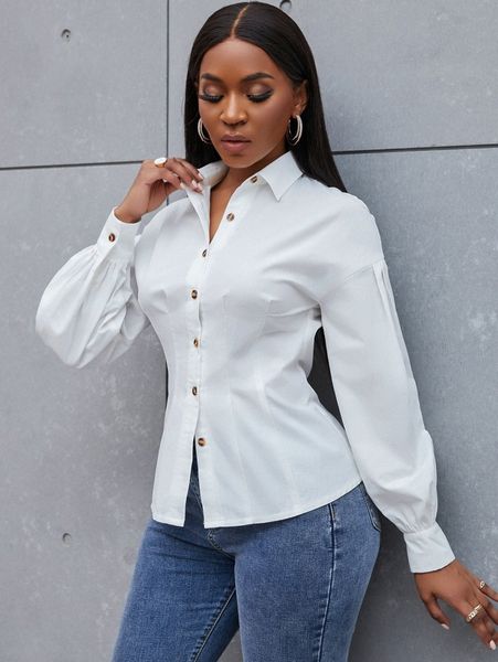 

sxy bishop sleeve button through plicated blouse p80d#, White