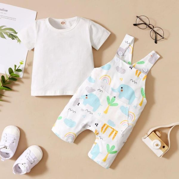 

clothing sets baby girl elephant pattern set summer short sleeve solid t-shirt +cartoon animal suspenders pants outfits clothes, White