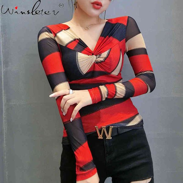 

women's t-shirt fall winter korean style t-shirt fashion v-neck contrast color mesh women ropa mujer bottoming shirt sli, White