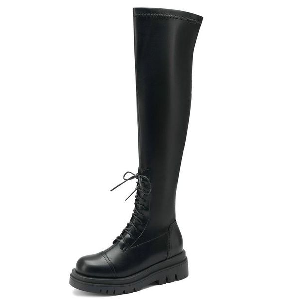 

boots genuine leather over the knee pound toe chunky high heels platform winter est party night club shoes woman, Black