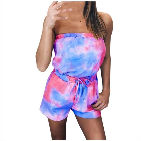 

tie dye print strapless playsuit womens romper summer casual overalls streetwear sleeveless rompers party 25, Black;white