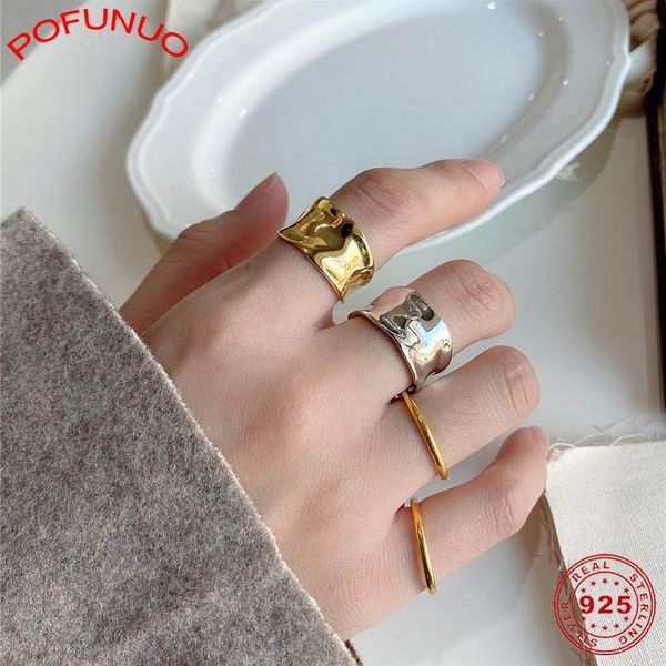 

cluster rings pofunuo 925 sterling silver wide japanese stylel minimalist irregular for women wedding/engagement fine jewelry, Golden;silver